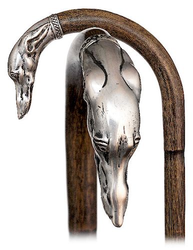 55. SILVER DOG HEAD CANE -CA.
