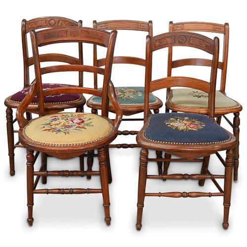 (5PC) ANTIQUE NEEDLEPOINT