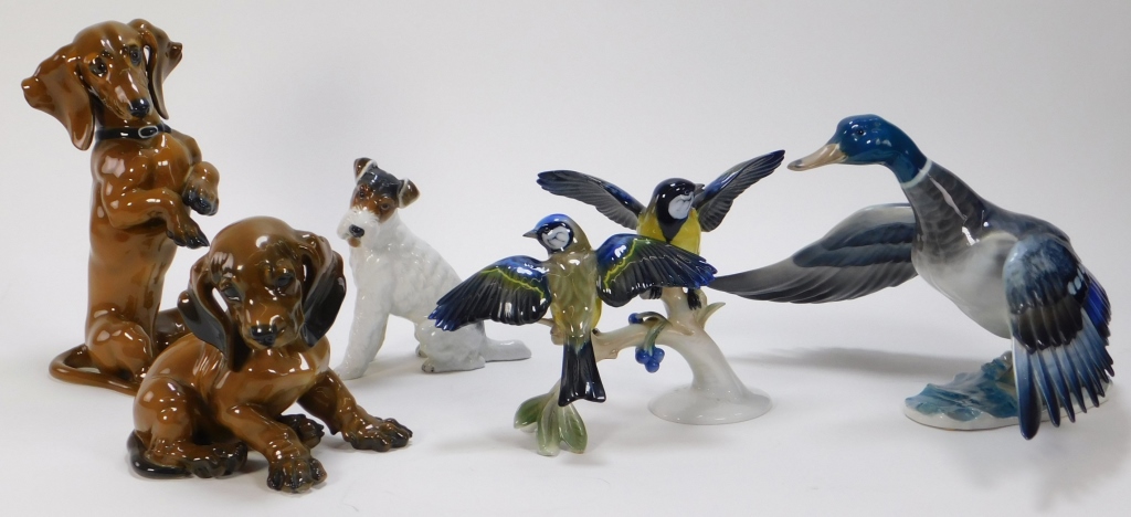 5PC AVIAN & DOG PORCELAIN SCULPTURE