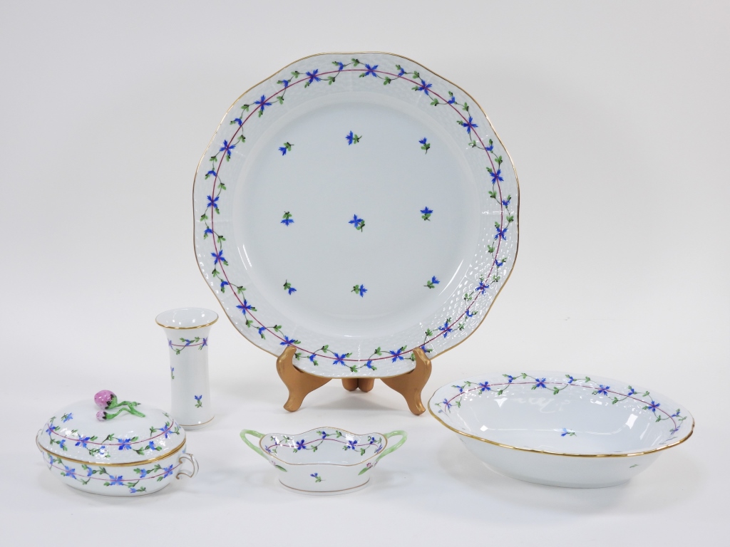 5PC HEREND BLUE GARLAND PORCELAIN