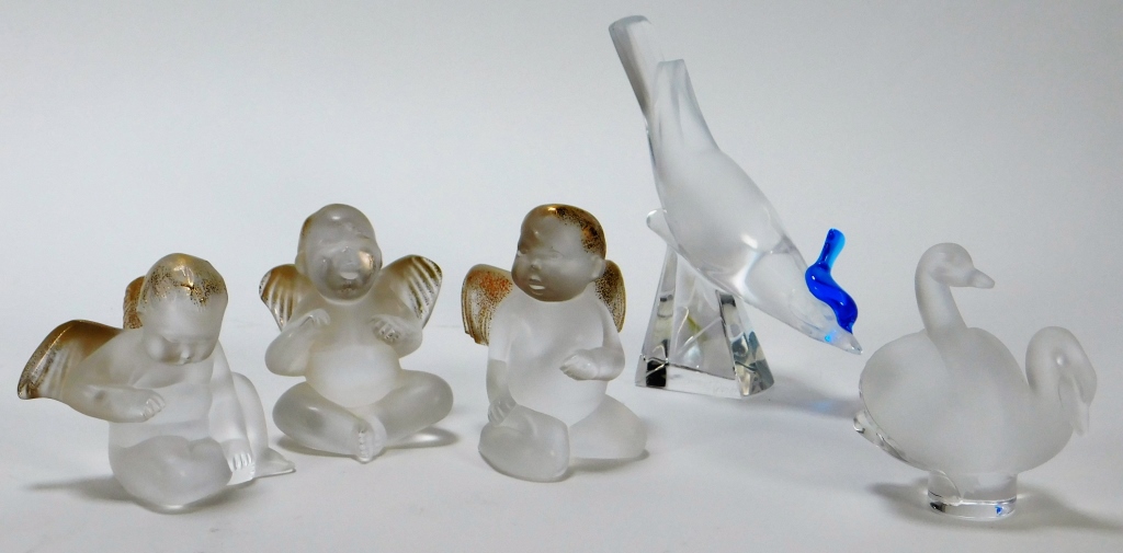 5PC LALIQUE ANGEL & AVIAN ART GLASS