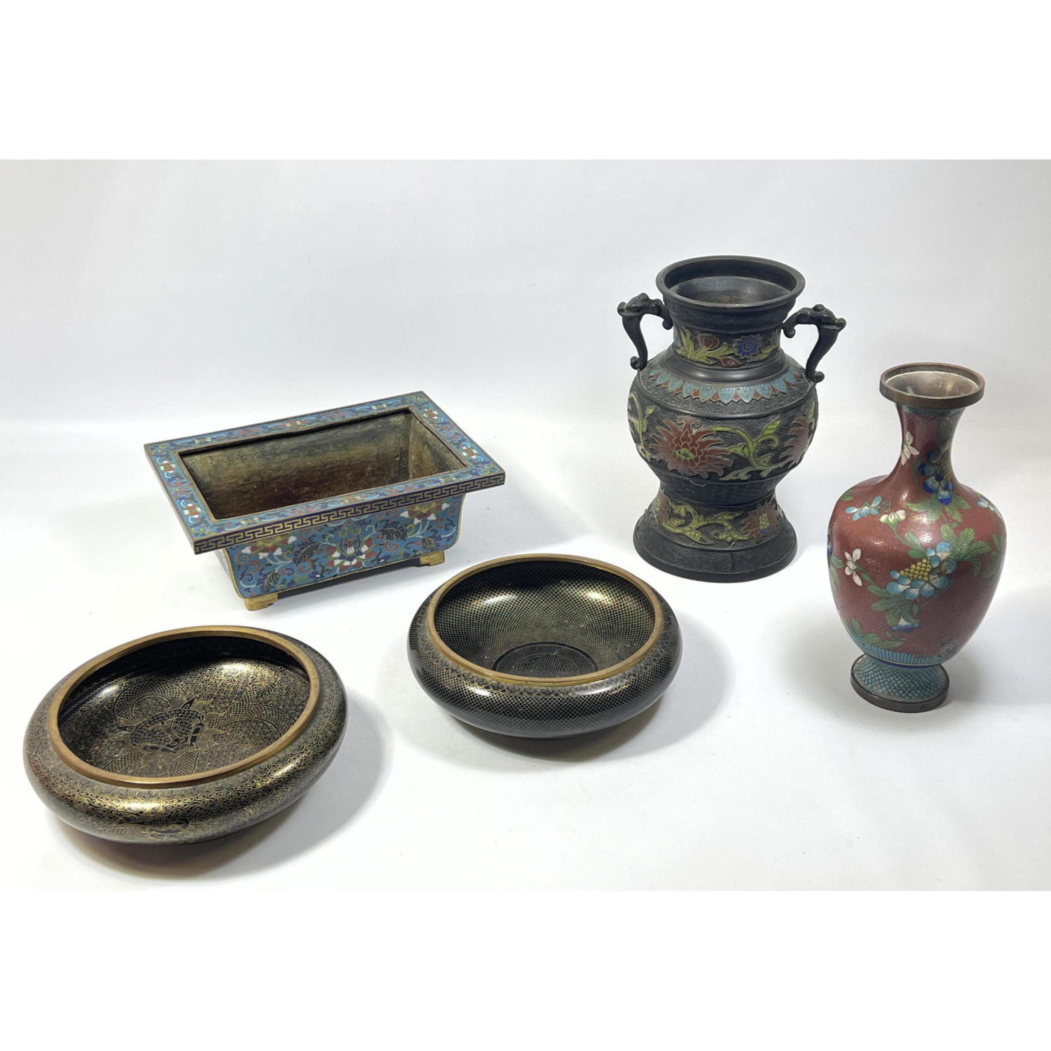 5pc lot cloisonne 2 vases 2 bowls