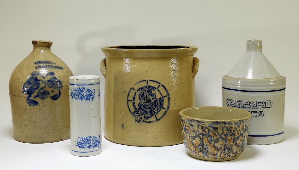 5PC PRIMITIVE BLUE SLIP STONEWARE