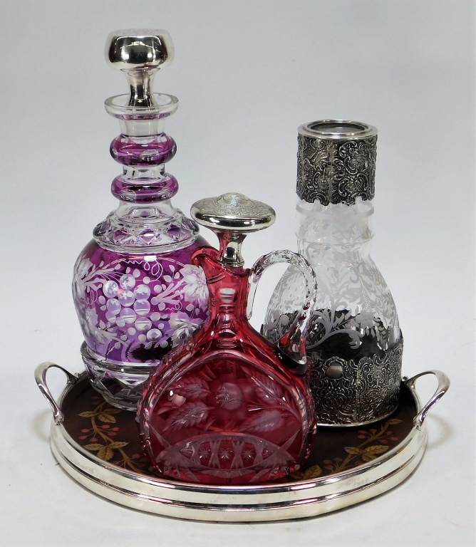 5PC SILVER OVERLAY GLASS DECANTER