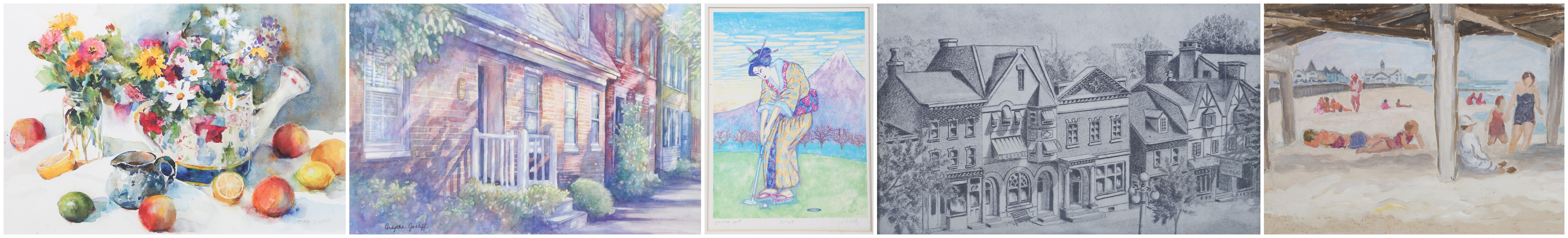 6 Artworks, unsigned beach scene
