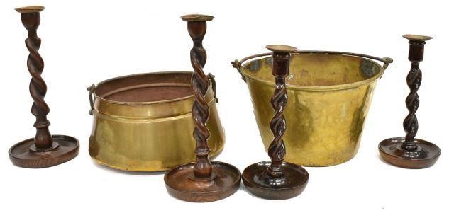 (6) BRASS JELLY PANS & ENGLISH WOOD