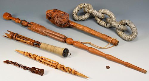 6 CARVED FOLK ART ITEMS, CANES &