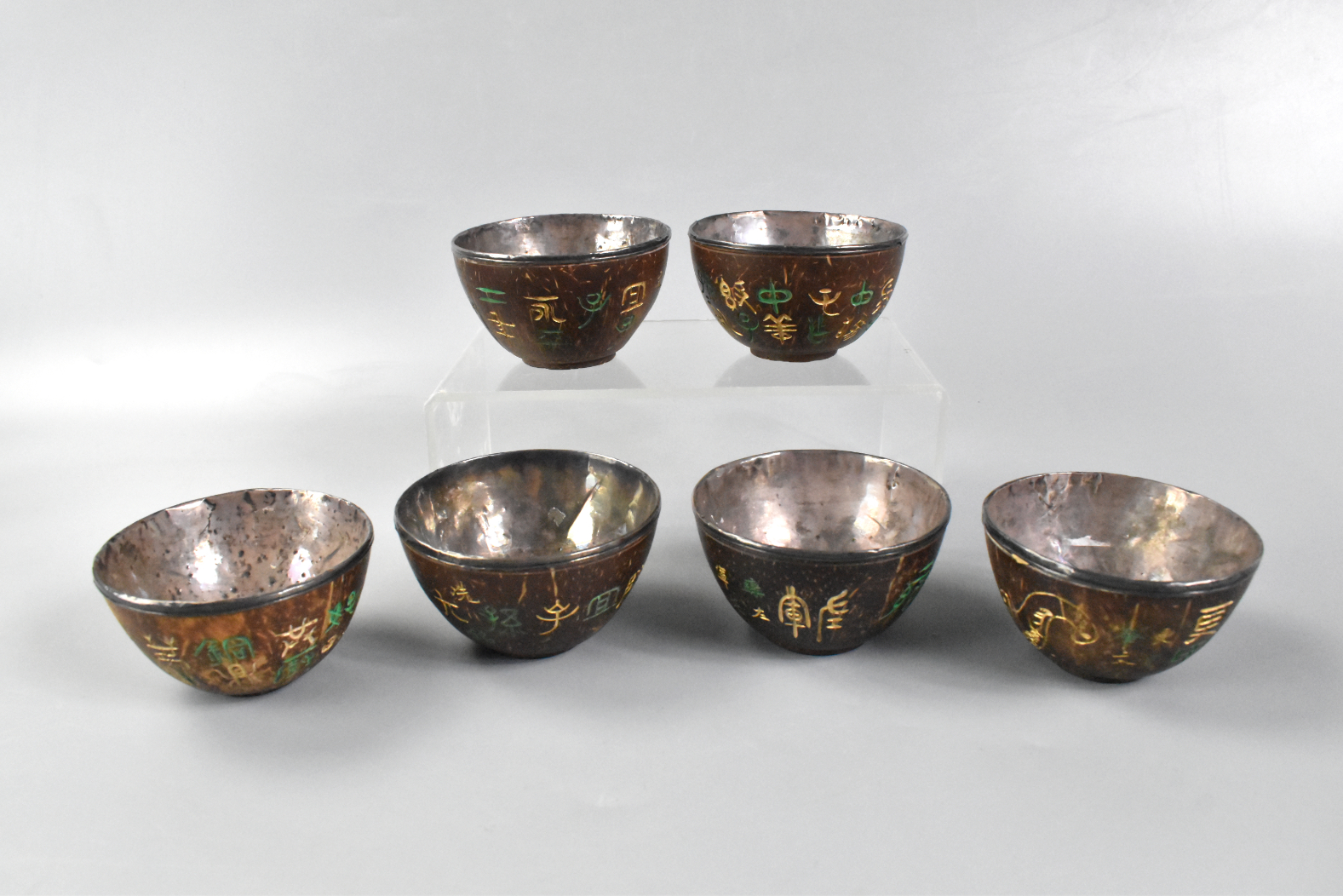 6 CHINESE COCONUT SHELL CARVED CUPS