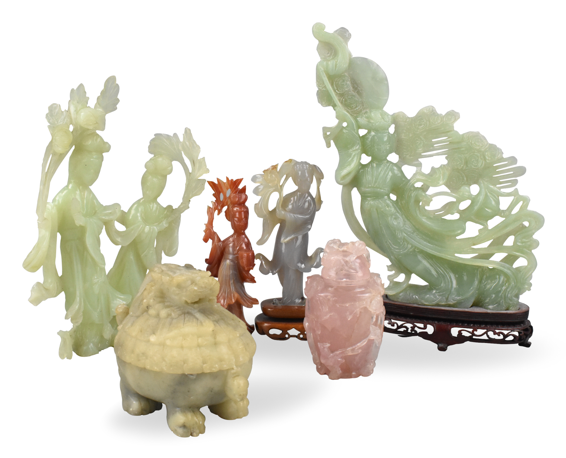 6 CHINESE JADE & AGATE & ROSE