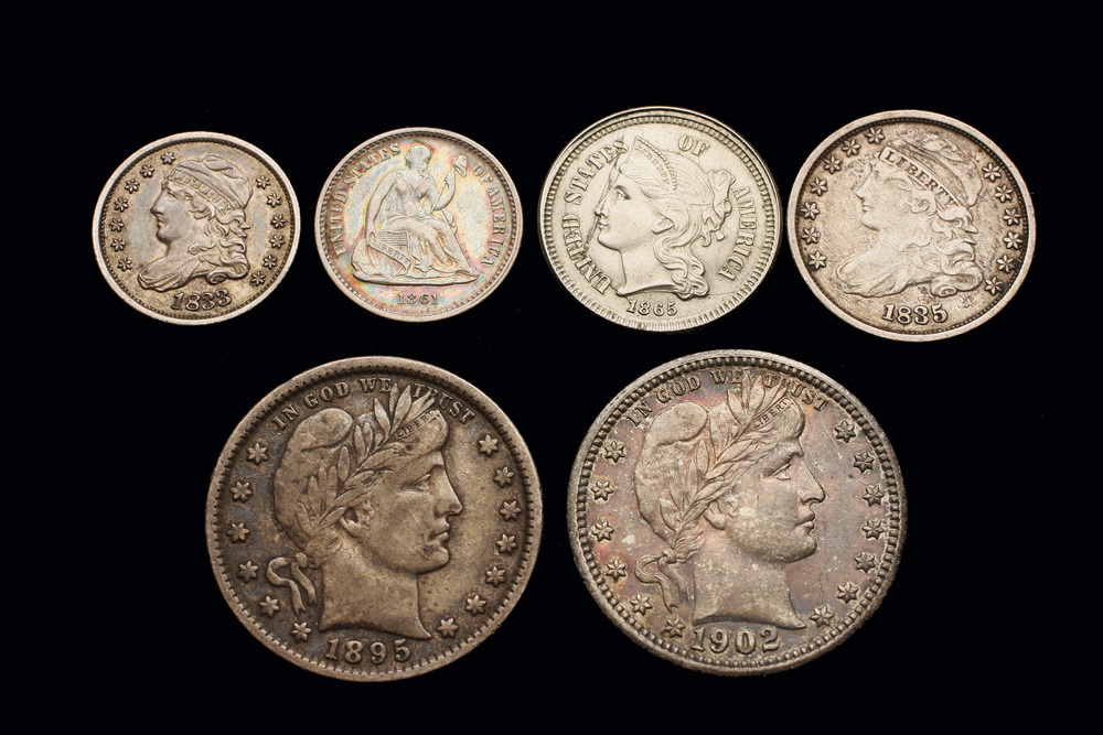 (6) COINS - (1) Half dime 1833; (1)