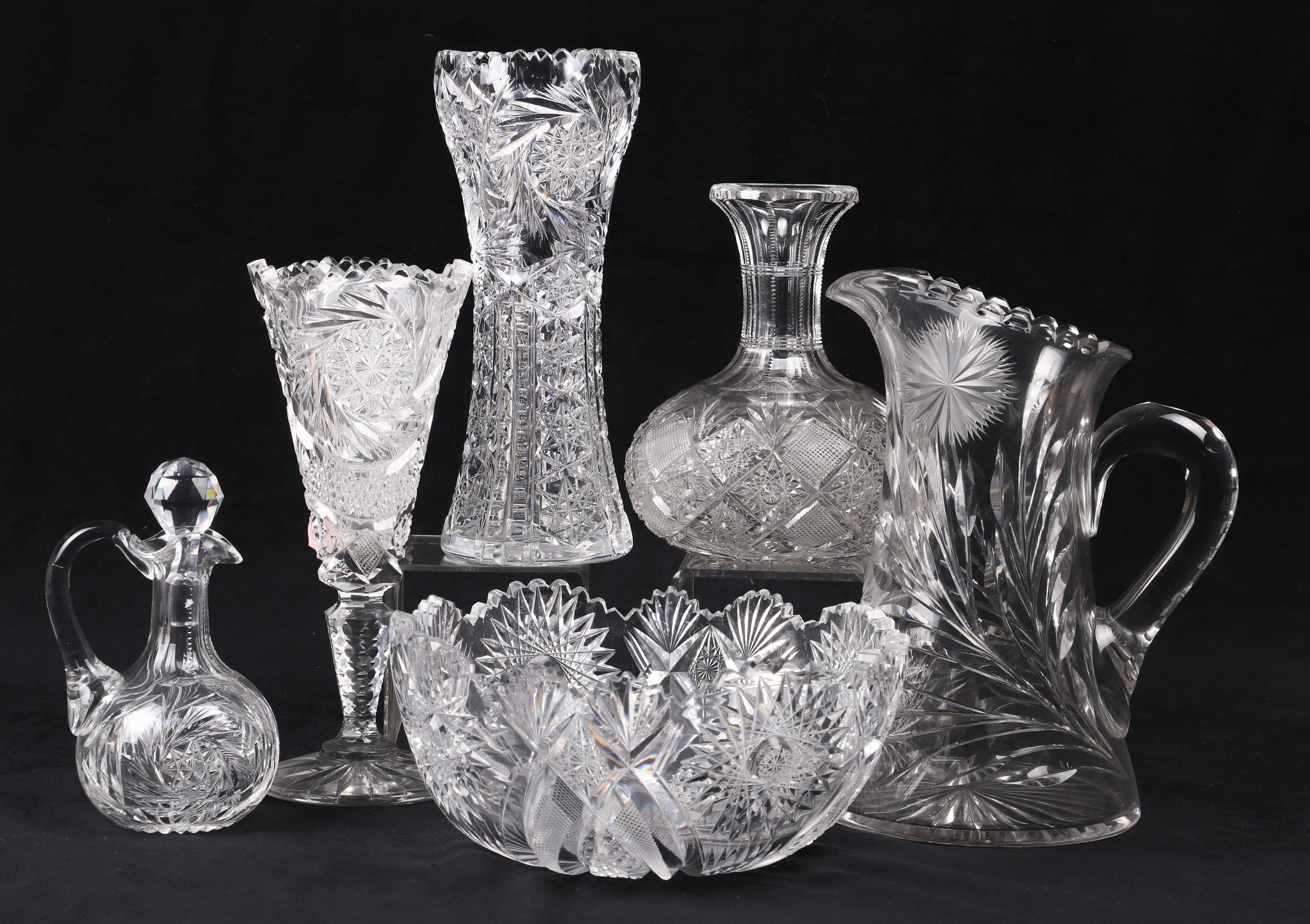 (6) Cut glass vases and vessels