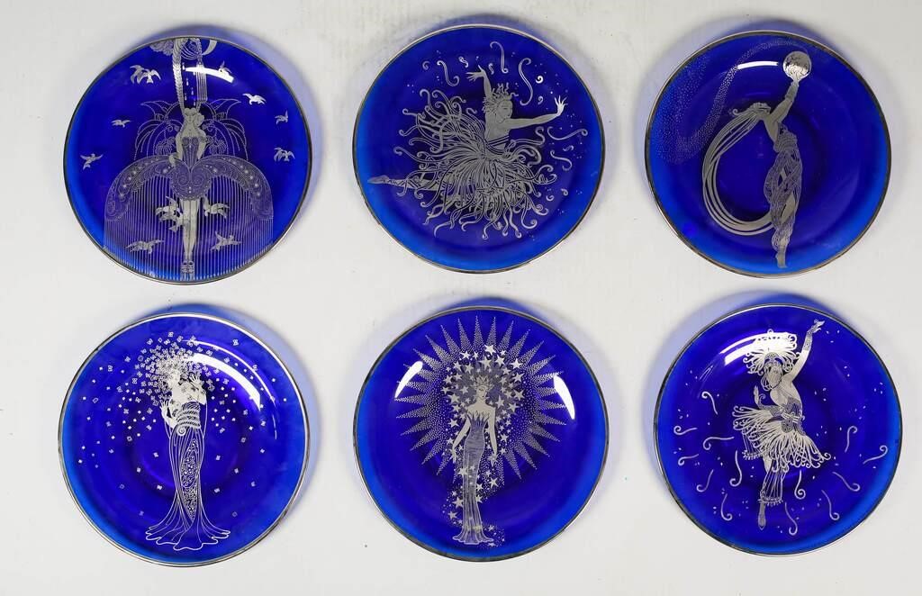 6 ERTE COBALT GLASS PLATES6 Erte