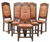 (6) FRENCH CARVED OAK & RATTAN