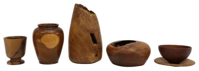 (6) HANDMADE EXOTIC WOOD VASES,