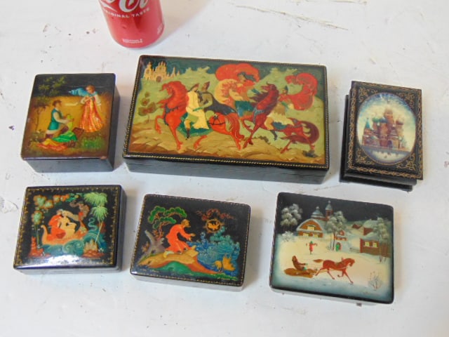 6 LACQUERED RUSSIAN BOXES,