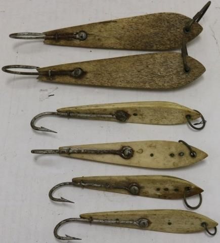 6 LATE 19TH C WHALEBONE FISH HOOKS,
