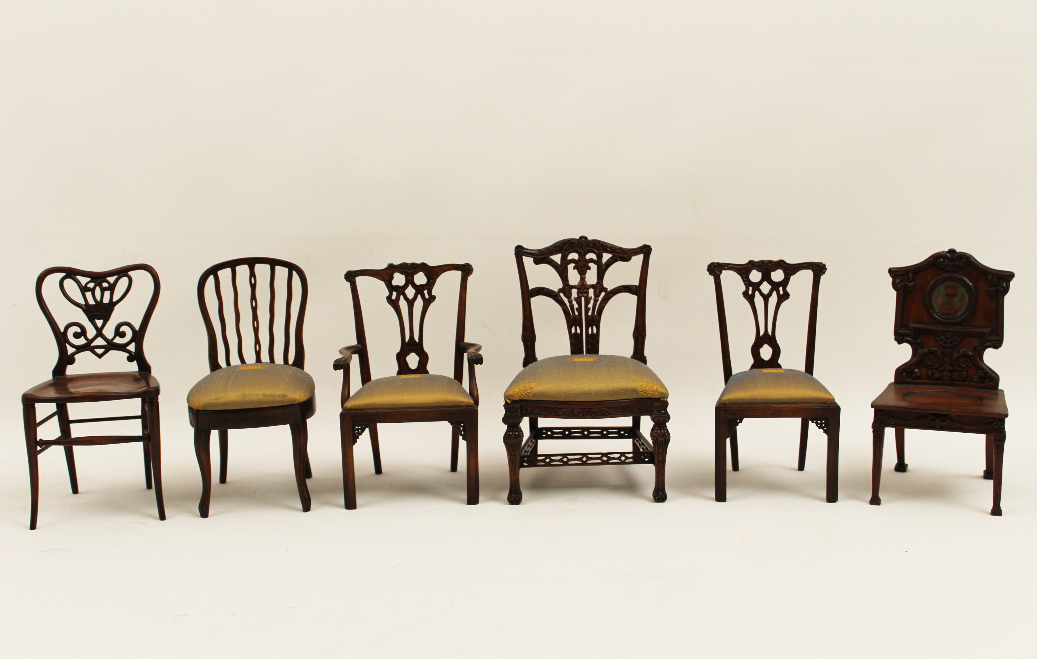 6 MINIATURE MAHOGANY CHAIRS;