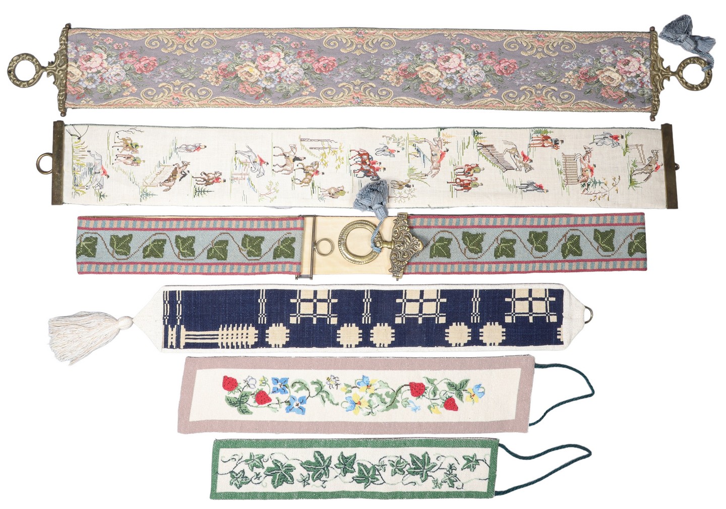 (6) Needlework bell pulls, c/o