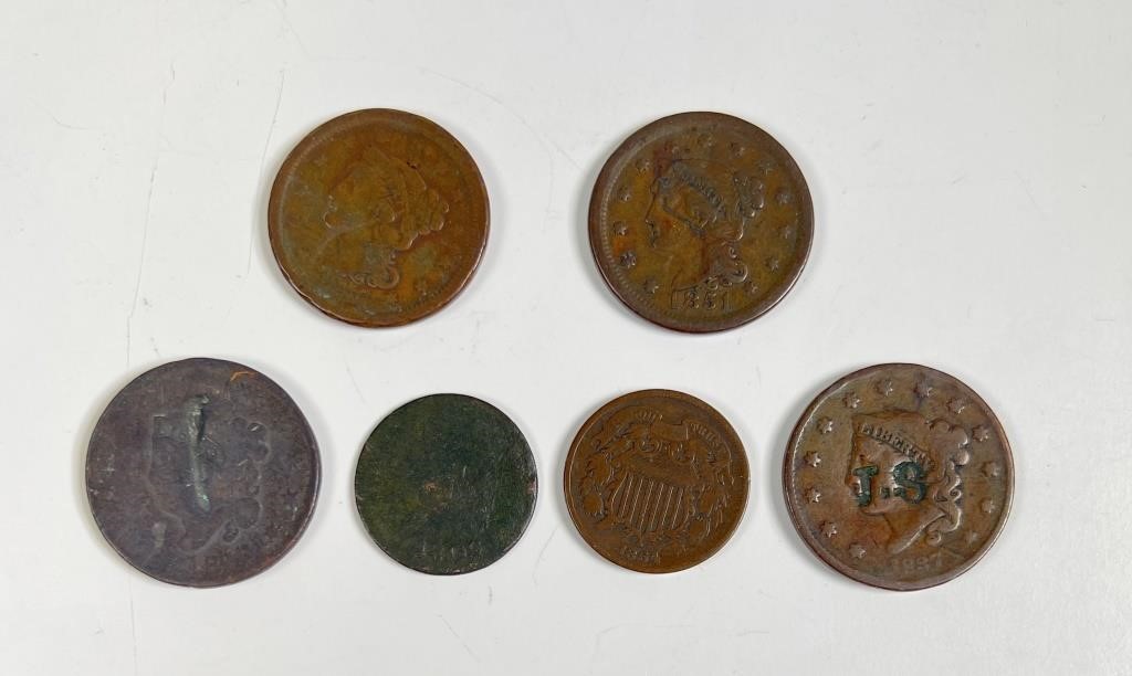 (6) OLD US LARGE CENTS COPPER 1C
