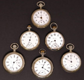 (6) OPEN FACE POCKET WATCHES<b