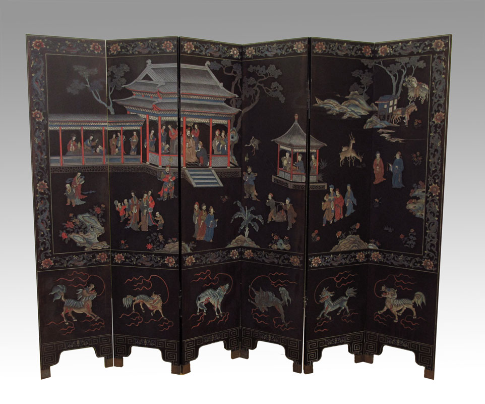 6 PANEL CARVED & PAINTED COROMANDEL