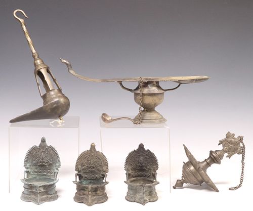 (6) PATINATED METAL OIL LAMPS,
