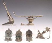 (6) PATINATED METAL OIL LAMPS,