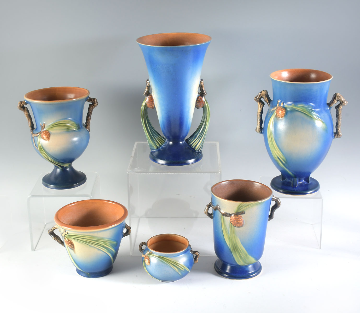 6 PC. BLUE ''PINECONE'' ROSEVILLE