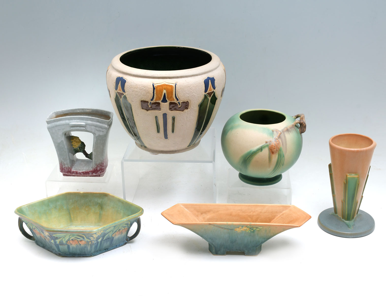 6 PC. ROSEVILLE POTTERY VASES: