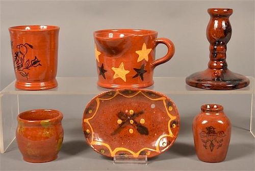 6 PCS. OF BREININGER POTTERY GLAZED