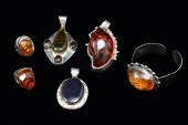 6 PIECE LOT AMBER AND STERLING