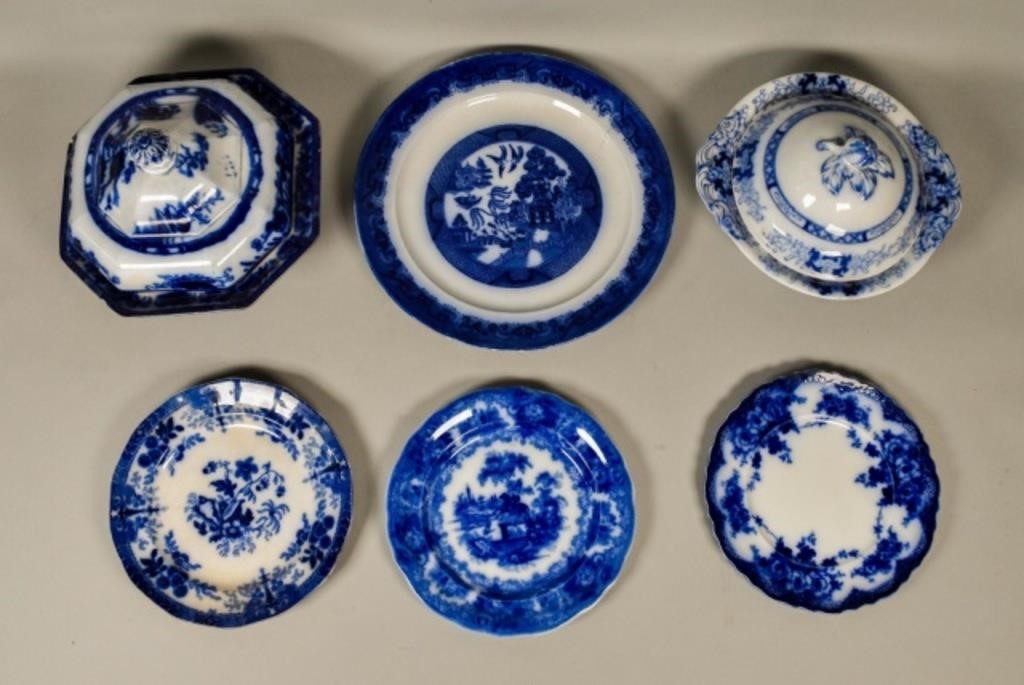6 PIECES FLOW BLUE PORCELAIN6