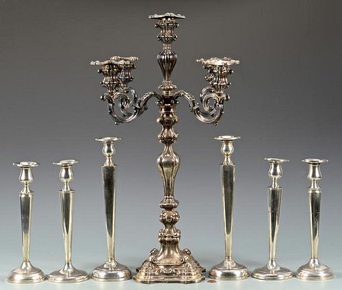6 STERLING CANDLESTICKS & SILVER