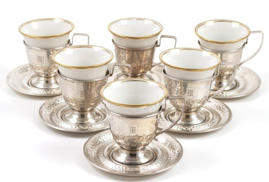 (6) STERLING HAMMERED PORCELAIN