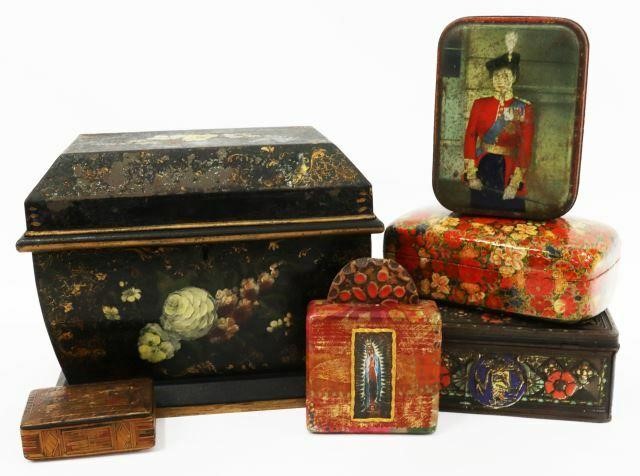 (6) TOLE PAINTED TEA CADDY,