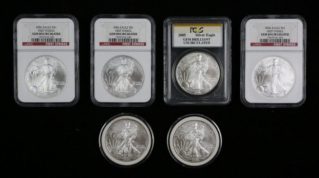 6 US SILVER EAGLES COINS SOME