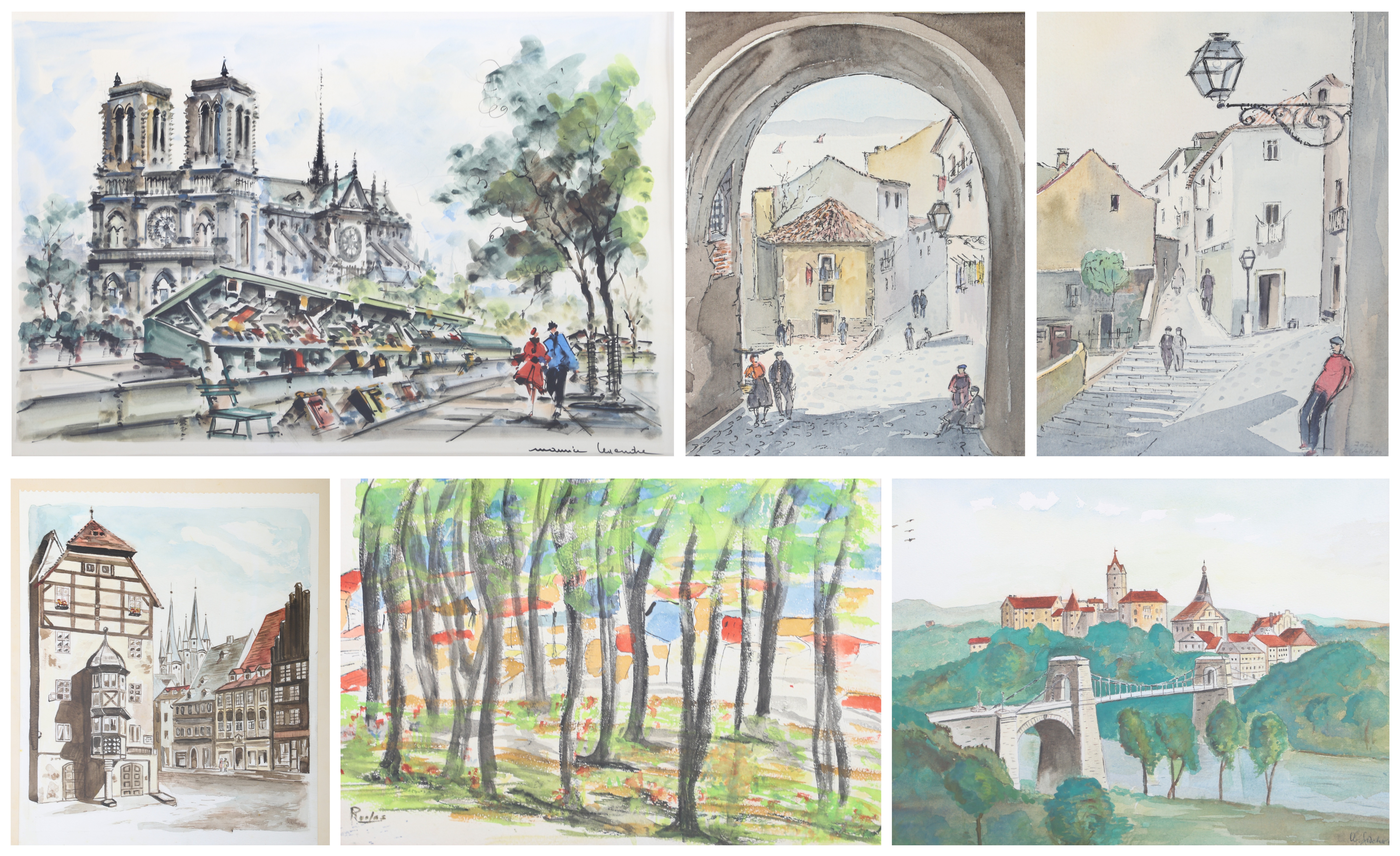 (6) Watercolor paintings, "Notre