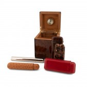 6PC DUNHILL BURL HUMIDOR & TRA