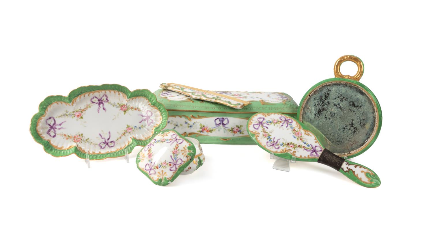 6PC E. 20TH C. LIMOGES GREEN FLORAL