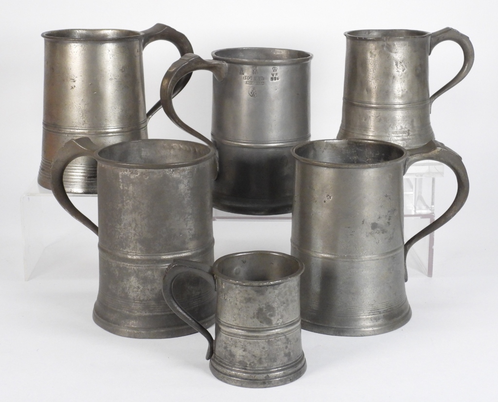 6PC ENGLISH PEWTER MUGS &
