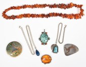 (7) Amber necklace, brooch, st