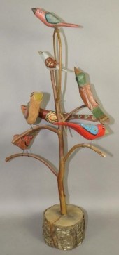 7 BIRD FOLK ART CARVED BIRD TR