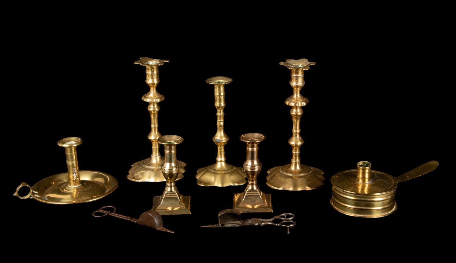 (7) Brass candlesticks, c/o pair of