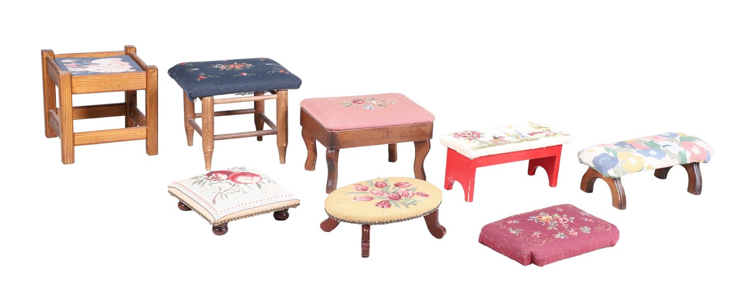 (7) footstools, needlepoint