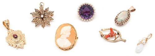 7 LADIES GOLD & GEMSTONE ITEMS,