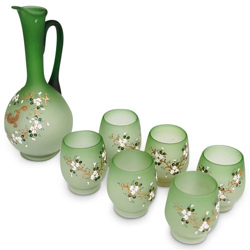 (7 PC) HAND PAINTED GREEN GLASS TEA