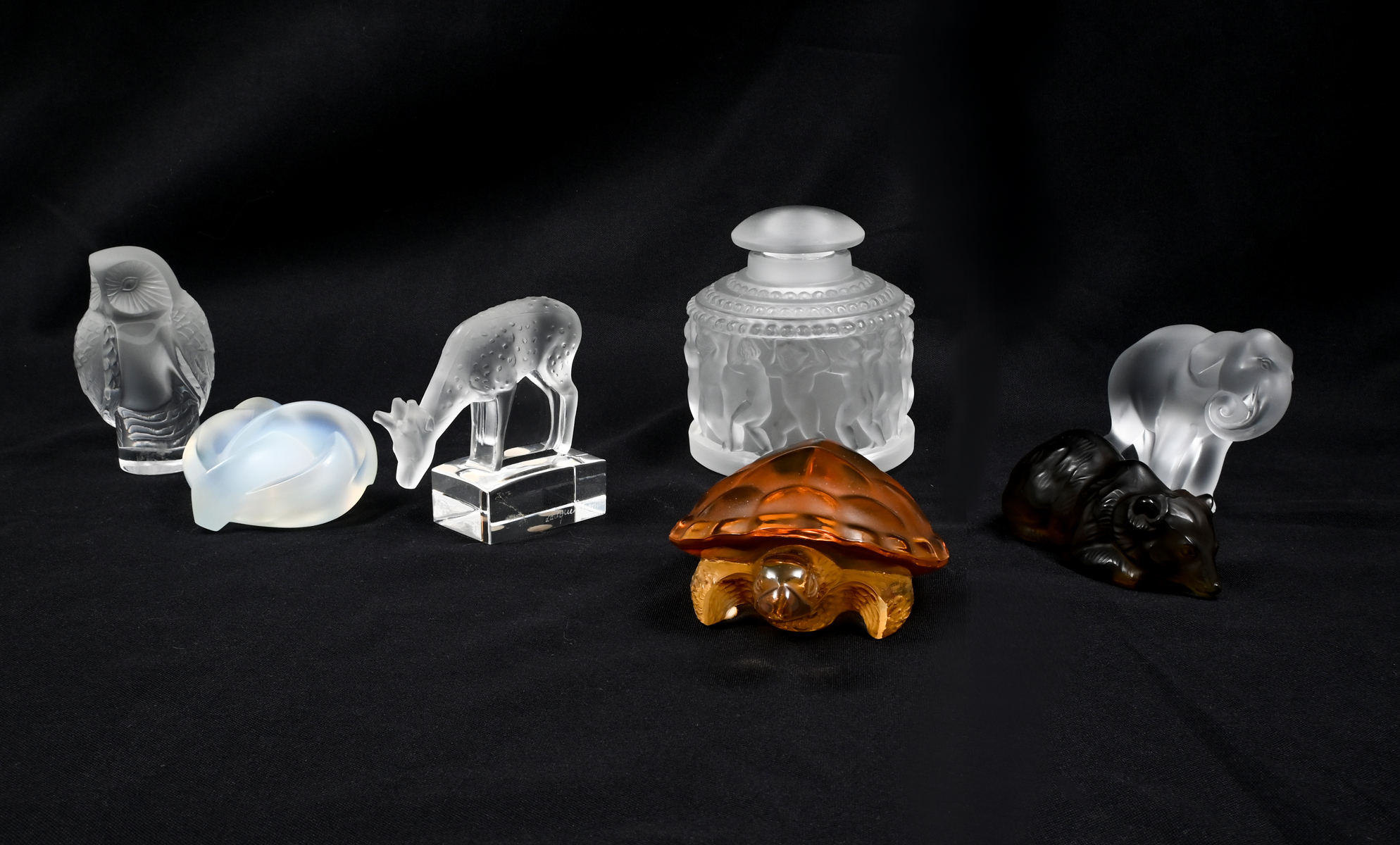 7 PC. LALIQUE CRYSTAL FIGURINE &