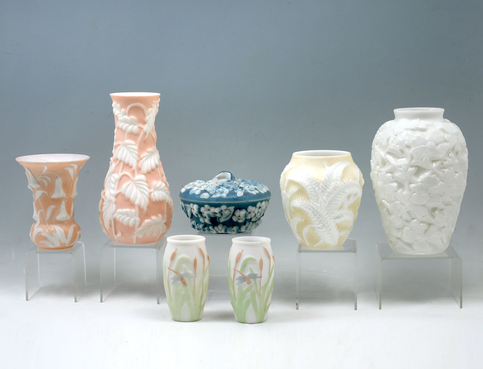 7 PC. PHOENIX GLASS VASES AND