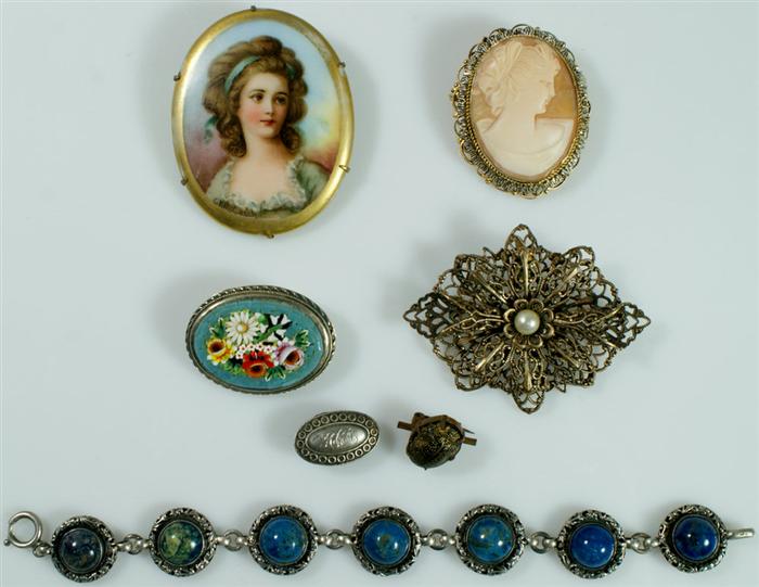7 pcs jewelry, cameo pin, porcelain