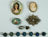 7 pcs jewelry, cameo pin, porc